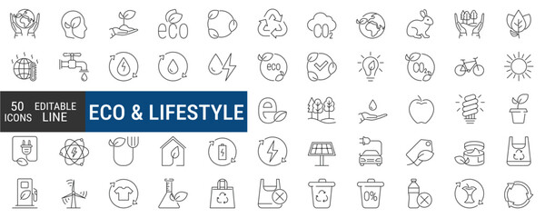 Eco lifestyle, green energy editable icon set. Thin line vector illustration of solar, wind, hydro, nuclear, CO2 neutral symbols.