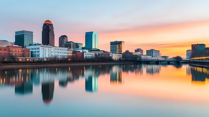 Naklejka premium Illuminated Urban Skyline Reflecting on Tranquil River at Twilight