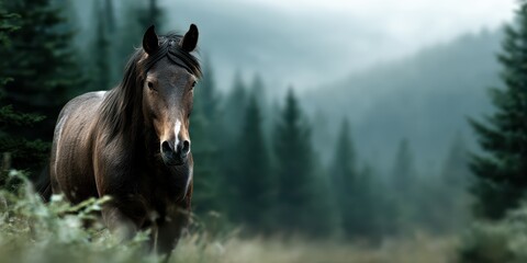 Fototapeta premium Majestic brown horse standing in a misty forest surrounded by tall trees during early morning light