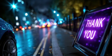 Neon sign glowing with gratitude lights up a city street at night with blurred traffic in the background