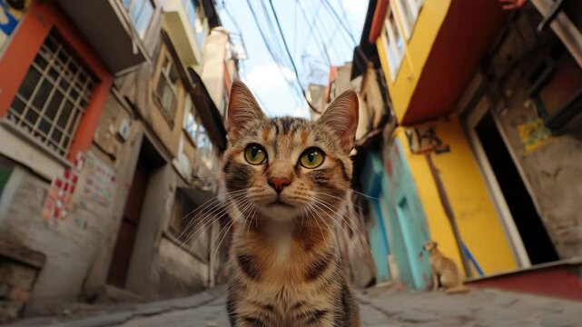 Confident homeless tabby cat strolls quaint cobblestone street. Colorful buildings background, urban kitten. Low angle. City life. Red head kitty walk around. Cute feline.