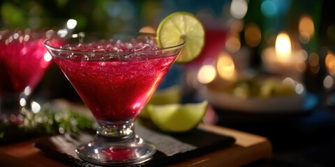 Colorful cocktails served at a festive gathering in a dimly lit setting with warm ambient lighting and vibrant garnishes