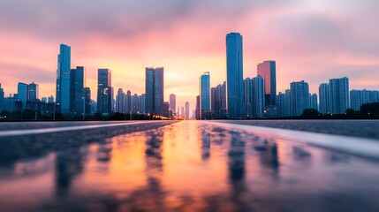 Fototapeta premium Vibrant Cityscape with Sunset Glow and Reflections on Wet Roads