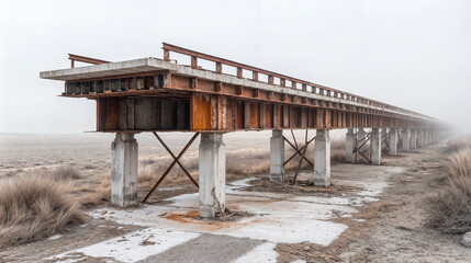 Abandoned rusty bridge disappearing into the fog in a desolate landscape