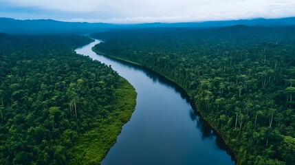 Obraz premium Aerial Drone View of Pristine Forest River Flowing Through Untouched Wilderness