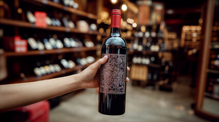 Sommelier holding a bottle of red wine in wine shop