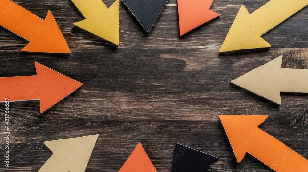 Poster paper arrows pointing toward a central point on a desk, visualizing focused group effort and goal al