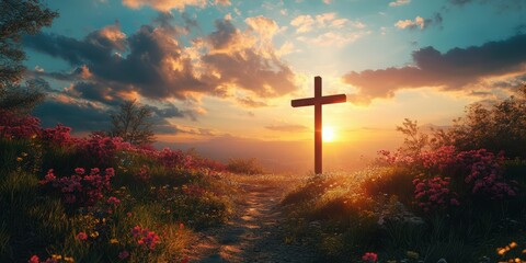 Sunset view behind a cross surrounded by vibrant flowers in a serene landscape