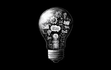 doodlestyle lightbulb with internal sketches of business symbols, graphs, and gears, minimalist handdrawn concept for strategic creativity