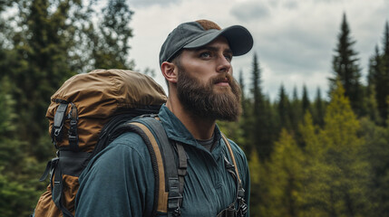 Hiker exploring forest wearing backpack and cap