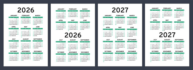 2026 and 2027 year calendar set. Color vector pocket calender design. Week starts on Sunday. January, February, March, April, May, June, July, August, September, October, November, December