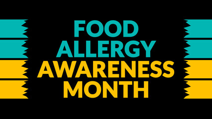 Food Allergy Awareness Month text with side lines on a black background. Which is observed every year in May to celebrate Food Allergy Awareness Month.