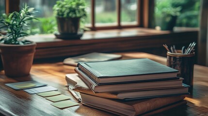 Shared team workspace with multiple planners, sticky tabs, and labeled strategy folders on desk