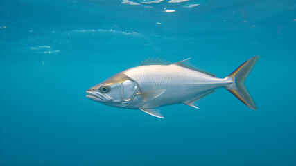 Obraz premium Silver Atlantic herring fish swimming in clear sea water Generative AI