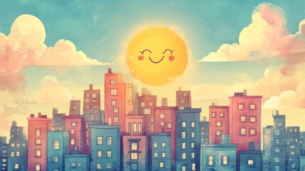 Naklejka premium Happy sun smiling over a cheerful cityscape at sunrise