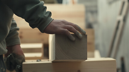 Carpenter Handling a Wooden Block in Workshop