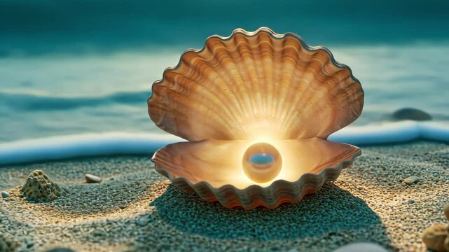 A glowing pearl inside a seashell on the ocean floor.
