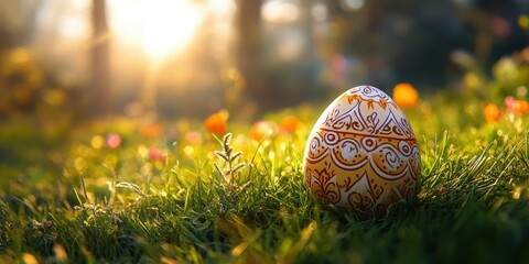 Decorative egg rests on lush grass in a sunlit garden during springtime festivities