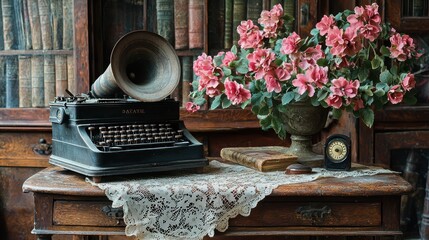 Antique typewriter, pink flowers, library backdrop; nostalgic still life for home decor