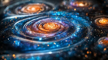 Symmetrical formation of glass petals shaped like galaxy spirals, refracting cosmic dust