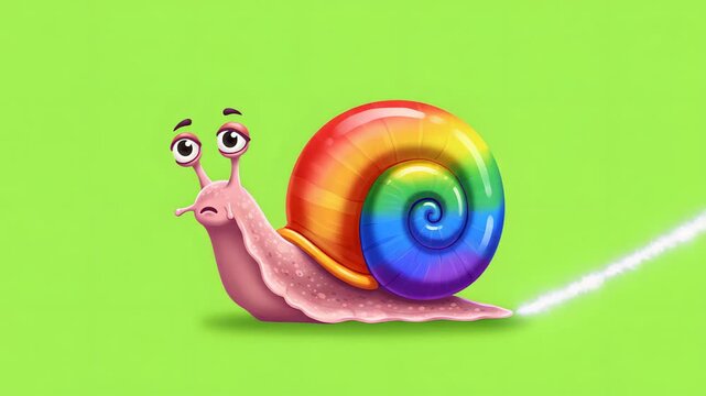 Cartoon Snail with Rainbow Shell on Green Background