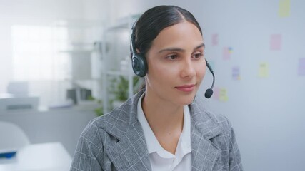 young latin customer telemarketing support adviser communication representative crm assistant businesswoman technology help sale talking microphone secretary client computer professional office people