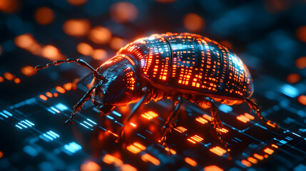 Binary code with bug icon, representing coding issues or software error tracking