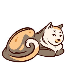 Color doodle cat is resting comfortably. Kitty in lying position with playful colors and a cozy posture. Vector illustration of cat with calm facial expression.
