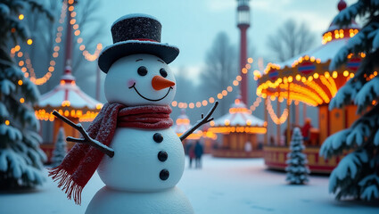 Obraz premium A happy cartoon snowman with a festive hat and scarf stands on the cold winter snow, a perfect illustration for a Christmas holiday card