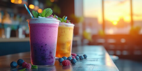 Refreshing fruit smoothies served in clear cups at sunset in a cozy cafe with colorful decor