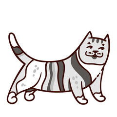 Doodle gray cat with playful stripes. Charming cat stands confidently in lively expression. Vector design of cheerful and cute pet.