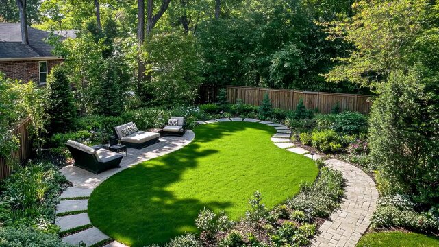 Lush green backyard oasis with curved lawn, stone path, and lounge chairs