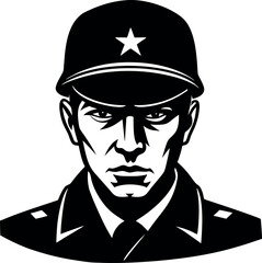 Monochrome Portrait Serious Soldier Wearing Helmet with Star Symbol, Sharp Lines