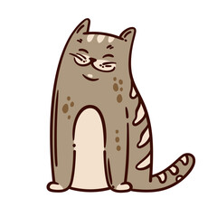 Color doodle cat sitting contently. Cartoon-style pet has a smiling face and distinctive stripes. Doodle cat radiates joy and charm vector illustration