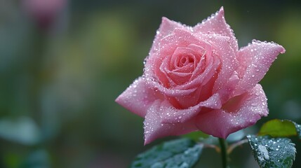 A delicate pink rose with dewdrops, bathed in soft natural light