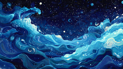 Enchanting aquatic reverie a captivating depiction of a graceful figure submerged in a shimmering indigo hued ocean expanse. Reverie Swell. Illustration