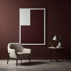 
Framed Blank Poster Mockup with Color Block on a Maroon Wall in a Modern Room

