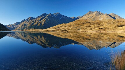 Obraz premium A cool mountain lake reflecting the clear blue sky on a crisp morning