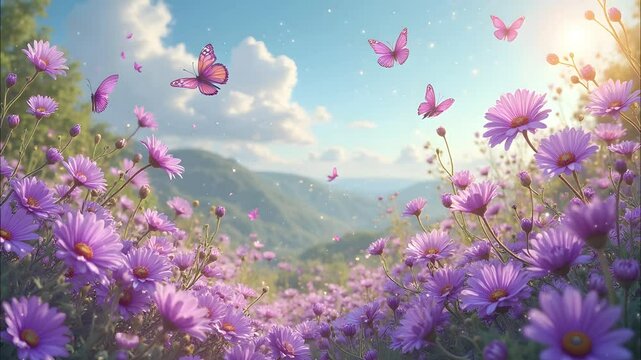 ピンクの花と蝶の風景