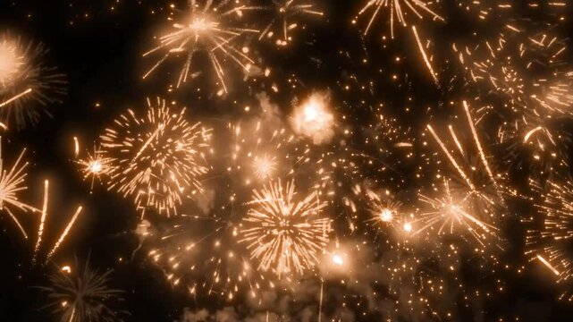 Fireworks New Year Loop Gold Grand Finale Celebration Background Isolated. Perfect for festive videos, holiday intros, VJ loops, party visuals, and celebration animations