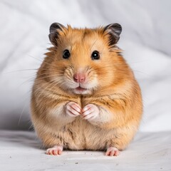 Chubby Golden Hamster Poses Cutely on Soft Surface in Well-Lit Environment
