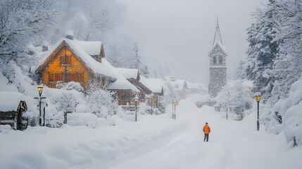 Naklejka premium Snowy Village Winter Landscape with Illuminated Cabin and Church