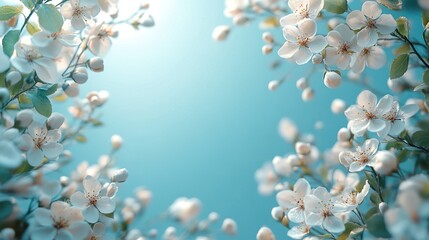 Obraz premium Fresh floral border with copy space in white frame, light blue background for social media or promotional design 