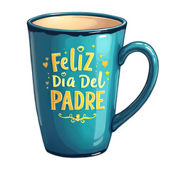 Cerulean blue mug with "FELIZ DIA DEL PADRE" design. Golden yellow lettering, hearts, stars. Glossy finish. Isolated on transparent background. Father's Day gift, card idea.