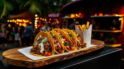 Taco festival culinary celebration in food market gourmet tacos nighttime atmosphere vibrant scene