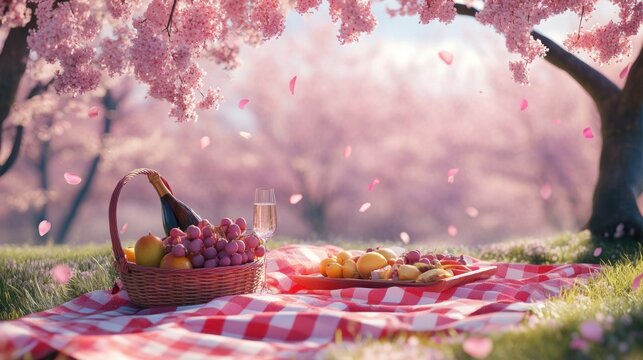 Spring picnic under cherry blossoms.  A beautiful picnic basket filled with fresh fruit and a glass of champagne sits on a checkered blanket in a blossoming cherry orchard - Powered by Adobe