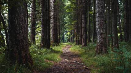 Fototapeta premium Forest path through tall trees, nature photography of woodland trail, scenic landscape of woods and greenery