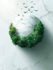 Sphere with Trees and Birds on Marble Background