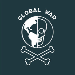 Dark war poster with skull, bones and the globe. Vector flat design