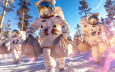 Astronauts carrying bags in snowy forest.